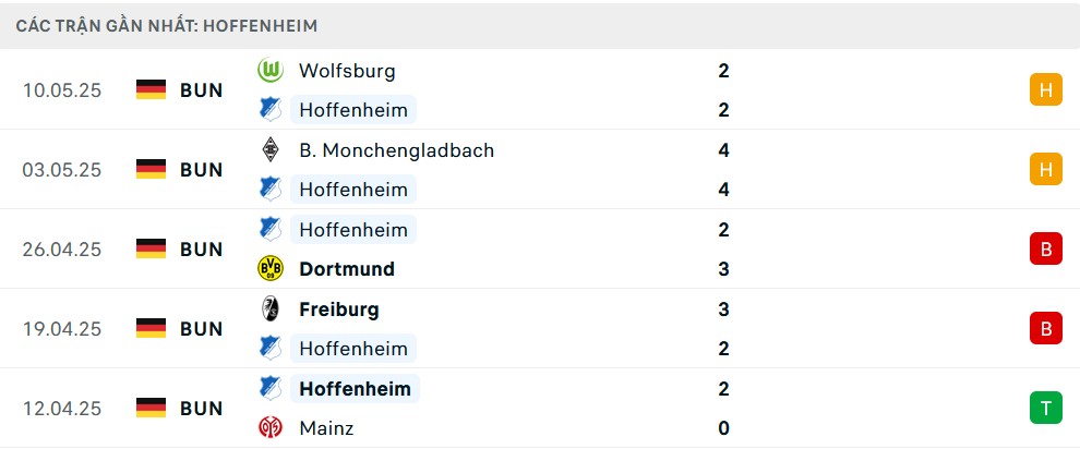 Phong độ Hoffenheim 5 trận gần nhất