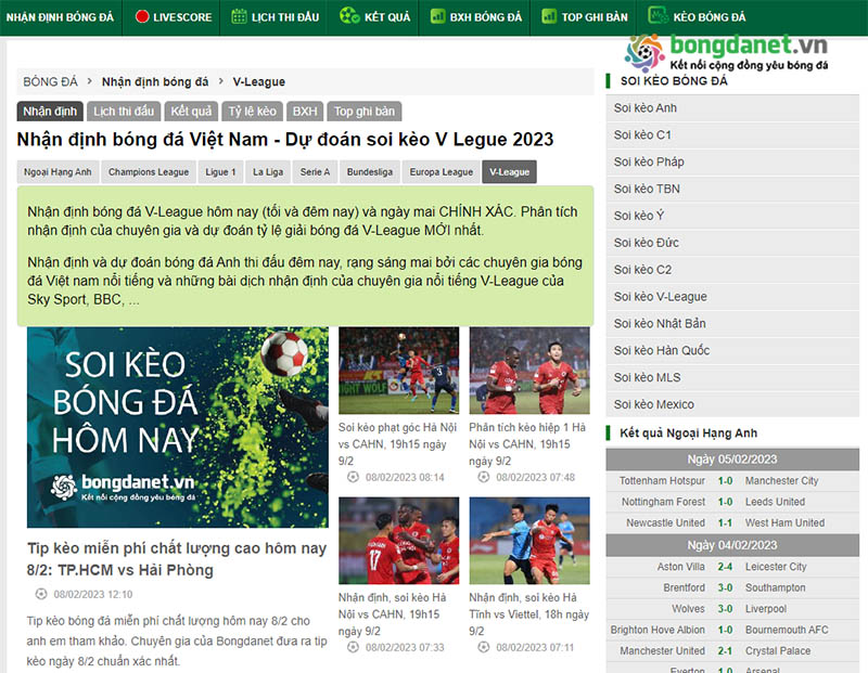 Màn hình hiển thị logo BongdaNET và các phân tích chuyên sâu về kèo V-League