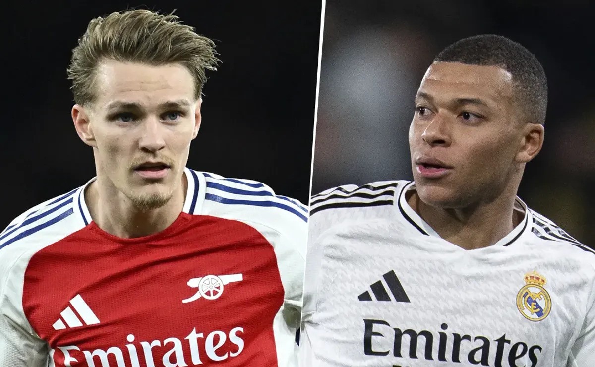 Kylian Mbappe và các cầu thủ Real Madrid đối đầu Arsenal tại sân Emirates trong trận đấu Cúp C1 châu Âu